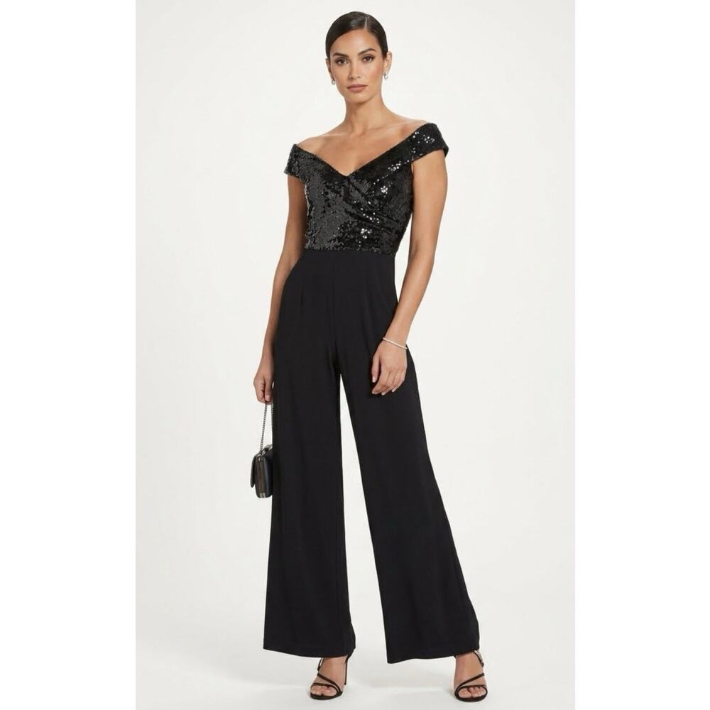 Boston Proper Sequin Off The Shoulder Wide Leg Jumpsuit Black Evening Gala Sz 6
